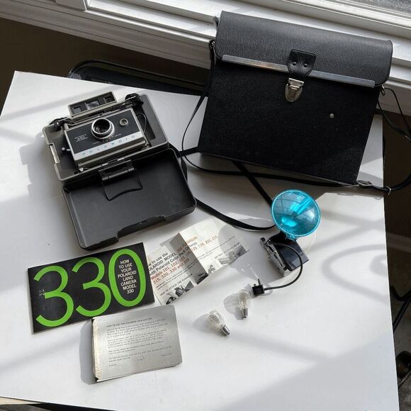Vintage Polaroid 330 Land Camera Bundle w/ Case, Flash, Bulbs, Manuals - Picture 1 of 13